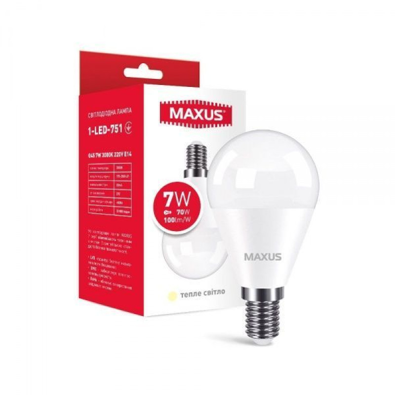 Лампа світлодіодна MAXUS 1-LED-751 G45 7W 3000K 220V E14