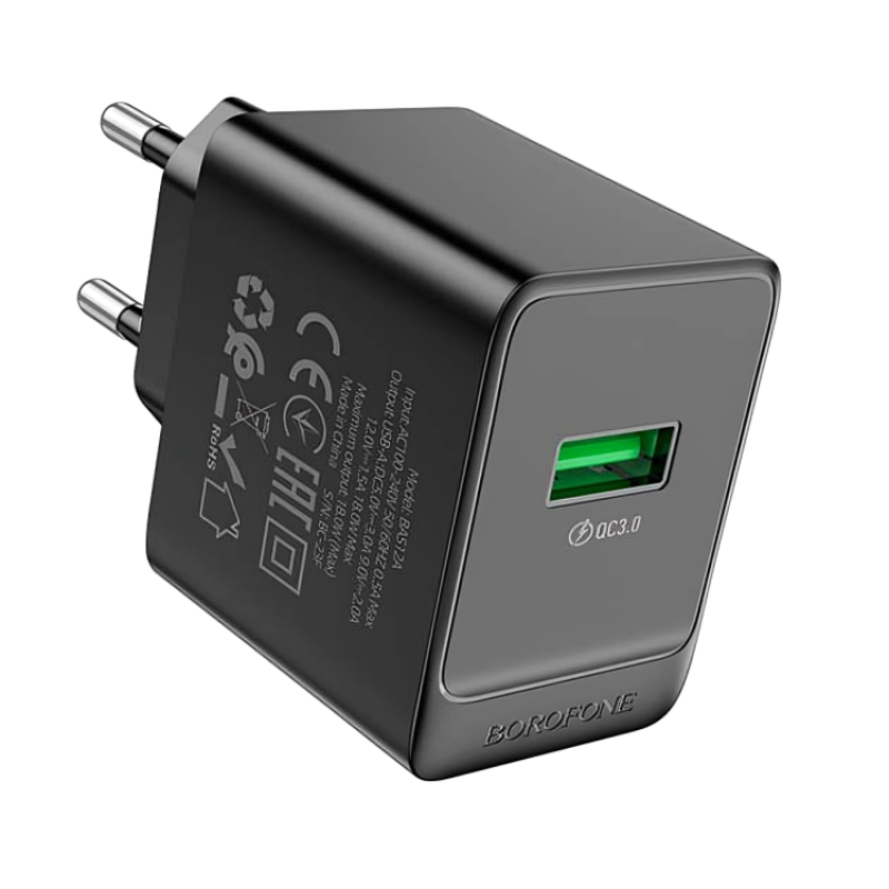 Мережевий зарядний пристрій BOROFONE BAS12A Erudite single port 18W/QC3.0/1USB чорний