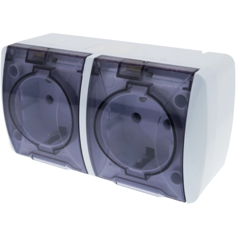 Розетка накладна Quantum подвійна із заземленням бризкозахищена з кришкою біла, 1шт/уп