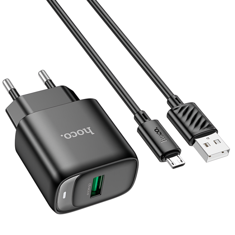 Мережевий зарядний пристрій HOCO C140A Smart single port QC3.0 charger set 18W (QC/FCP/AFC) +Micro Black