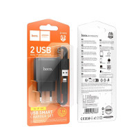 Мережевий зарядний пристрій HOCO C141A Smart dual-port charger set  5V/2.1A + Lightning Black