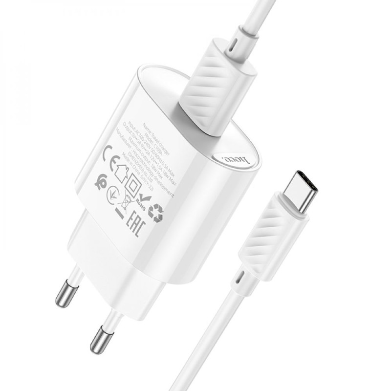 Мережевий зарядний пристрій HOCO C109A Fighter 1USB/18W/QC3.0/Type-C Cable White