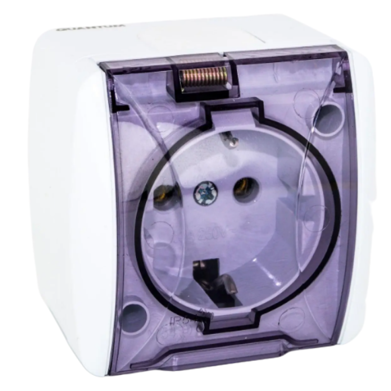 Розетка накладна Quantum одинарна із заземленням бризкозахищена з кришкою біла, 1шт/уп