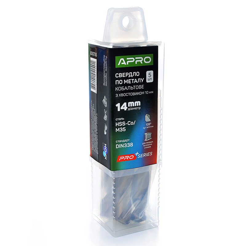 Свердло по металу кобальтове HSS-Co/M35 Ø14.0мм з хвостовиком Ø10мм (пач. 5шт.) PRO  (APRO PRO)	
