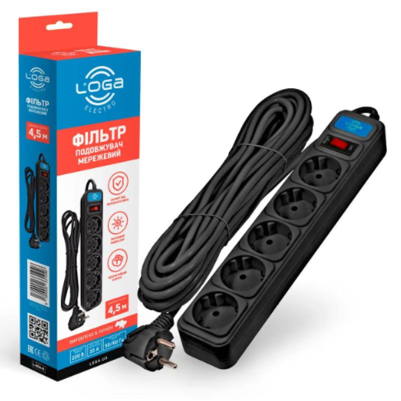 Мережевий фільтр 5 гнез./ 4,5м 10A ЧОРНИЙ LOGA L-904-B