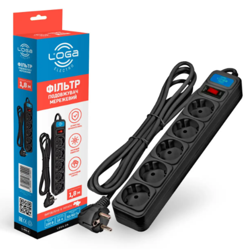 Мережевий фільтр 5 гнез./ 1,8м 10A ЧОРНИЙ LOGA L-902-B