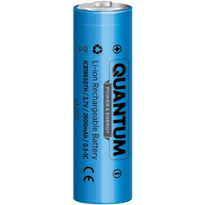 Акумулятор літій-іонний Quantum Li-ion ICR18650, 2600mAh, 0.5-1С з клемним виступом, 1шт/уп (82023)
