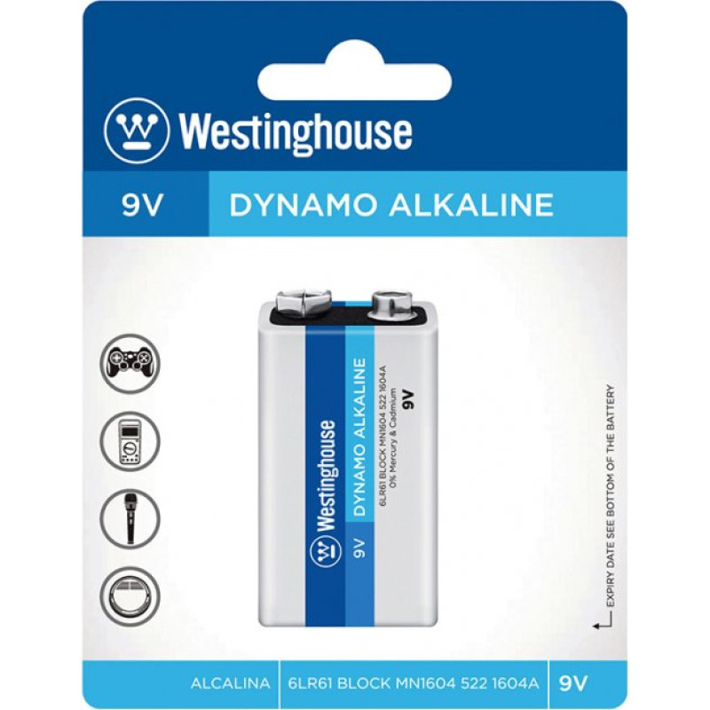 Лужна батарейка Westinghouse Dynamo Alkaline 9V/6LR61 Крона 1шт/уп blister.