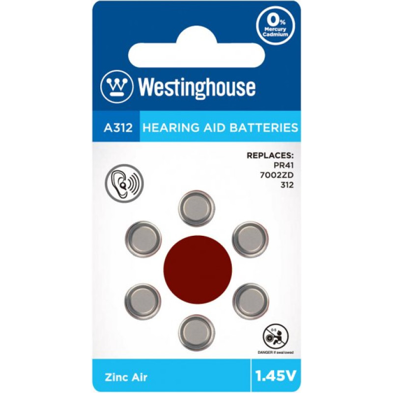 Повітряно-цинкова батарейка Westinghouse для слухових апаратів A312 1.45V 6шт/уп blister 6/60