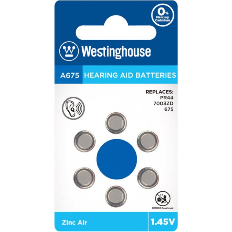 Повітряно-цинкова батарейка Westinghouse для слухових апаратів A675 1.45V 6шт/уп blister 6/60