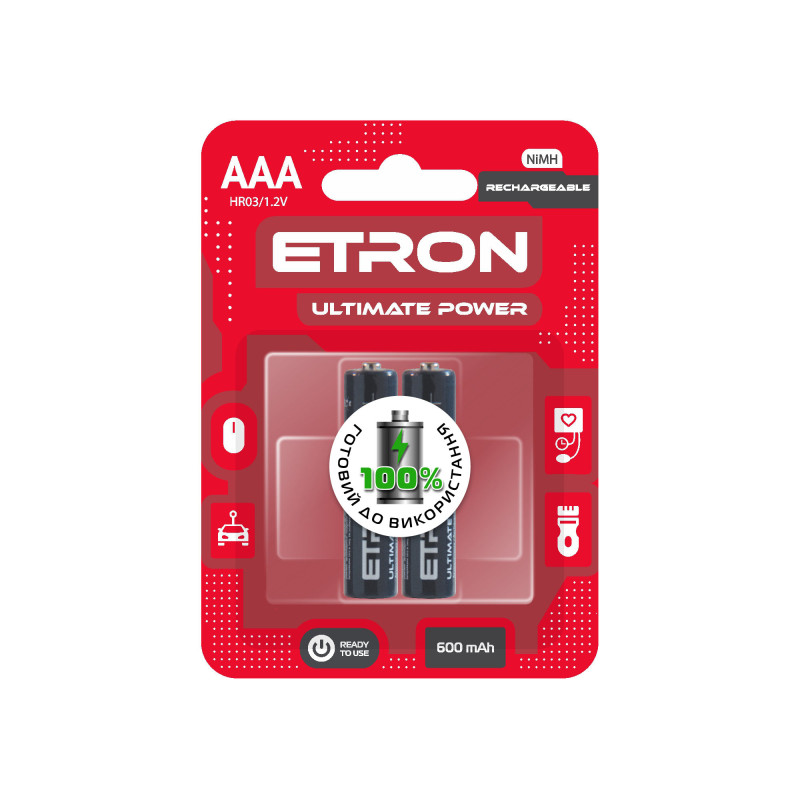Акумулятор ETRON Ultimate Power R03, AAA 600mAh Ni-Mh Ready 2Use Blister, 2 pcs 2/24