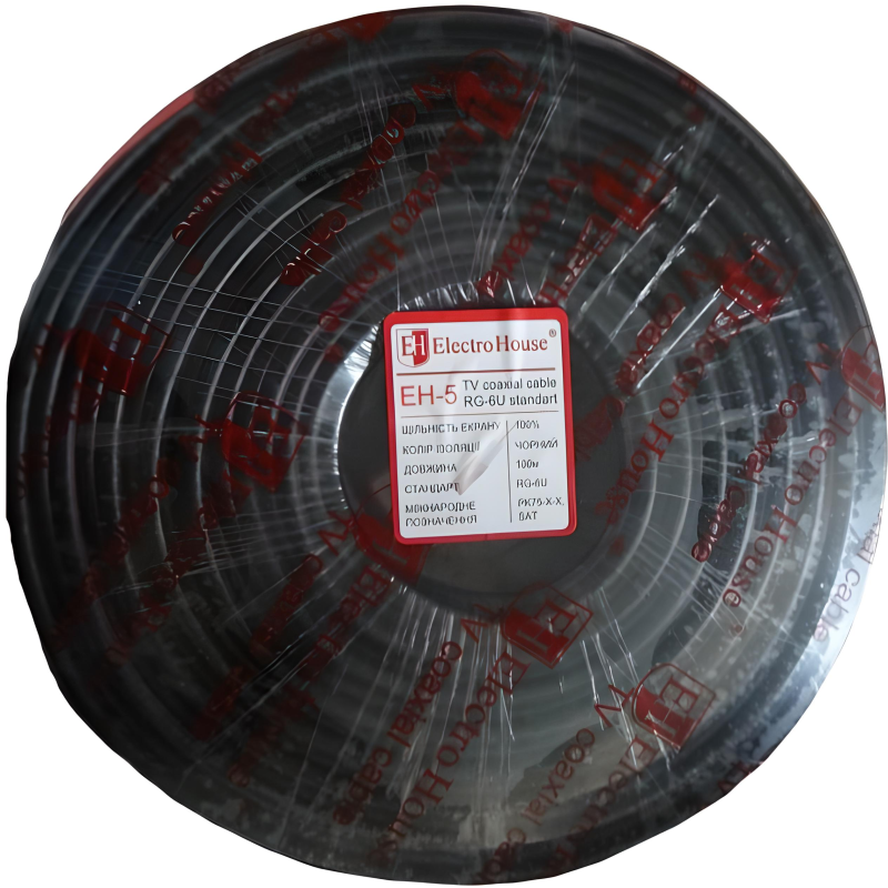 Кабель ElectroHouse TV coaxial RG 6U екран 100% ЧОРНИЙ EH-5 бухта 100 м
