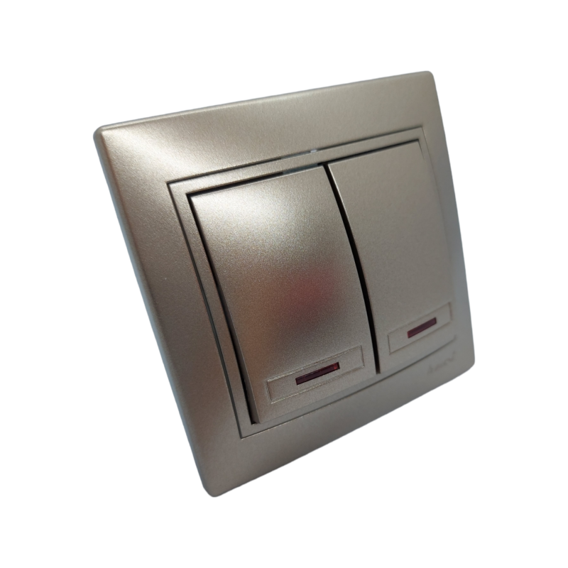 MIRA Вимикач подвійний з підсвічуванням світло-коричневий перламутр зі вставкою (1/10шт/120шт)