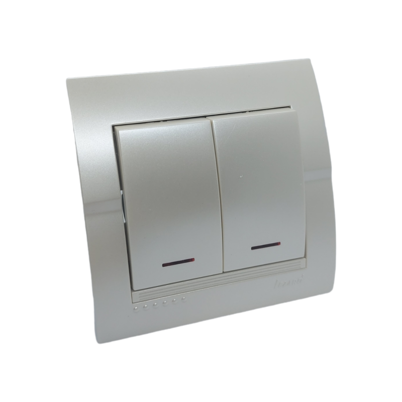 DERIY Вимикач подвійний з підсвіткою перлинно-білий металік (1/10шт/120шт)