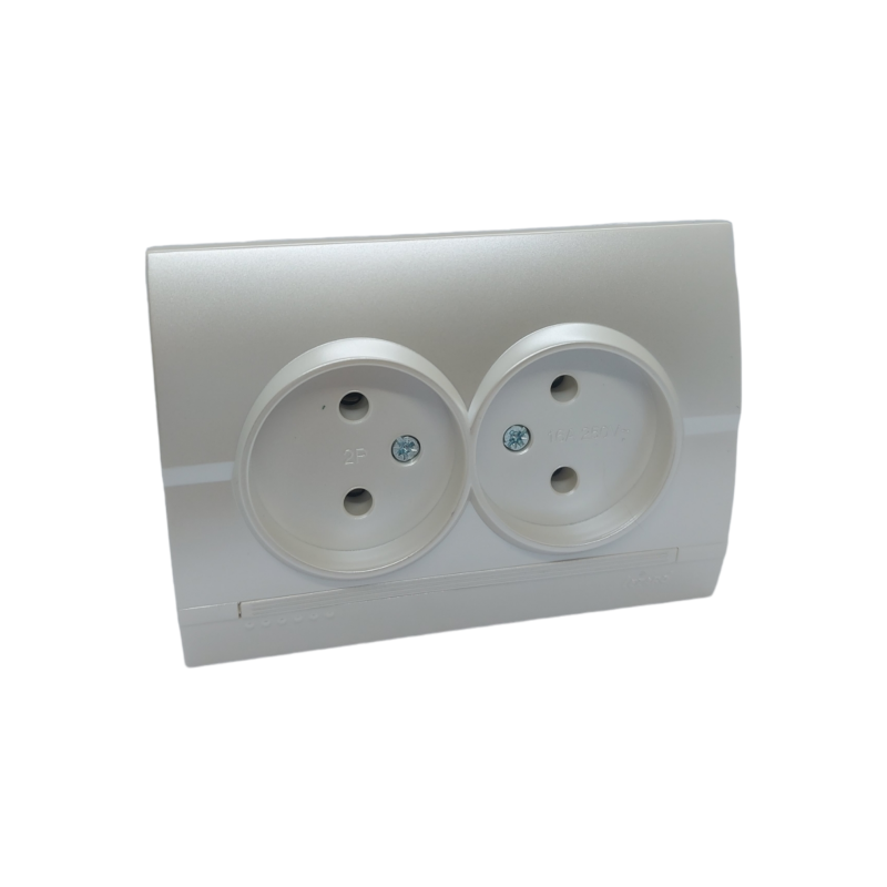 DERIY Розетка подвійна без заземлення перлинно-біла металік (1/10шт/120шт)