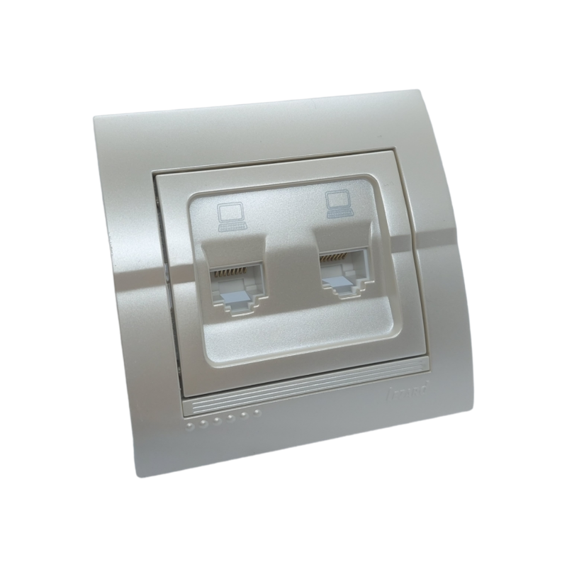 DERIY Розетка комп'ютерна подвійна перлинно-біла металік (1/10шт/120шт)