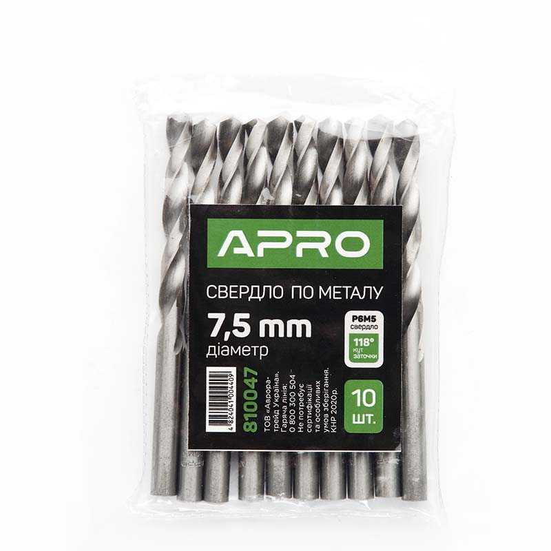 Свердло по металу P6M5 7,5мм Apro  (APRO)  10/