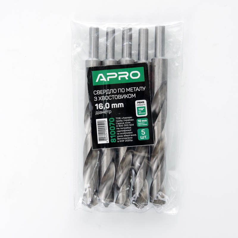 Свердло по металу P6M5 16,0 мм с хвостовиком 10мм Apro  (APRO)  5/