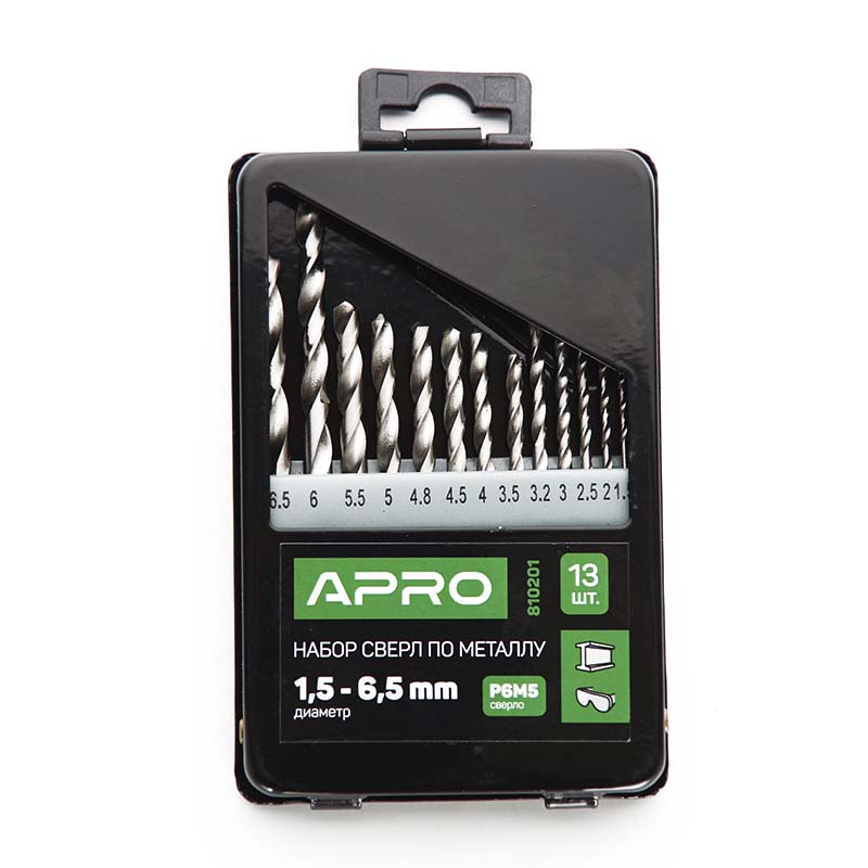 Набор свердел по металу Р6М5 метал бокс 1,5-6,5мм 13шт Apro  (APRO)