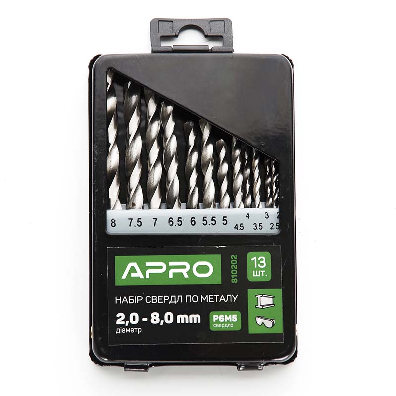 Набор свердел по металу Р6М5 метал бокс 2,0-8,0мм 13шт Apro  (APRO)