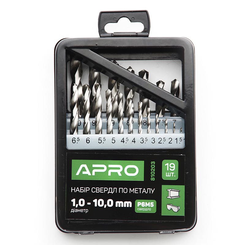Набор свердел по металу Р6М5 метал бокс 1,0-10,0мм 19шт Apro  (APRO)