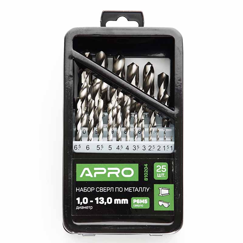 Набор свердел по металу Р6М5 метал бокс 1,0-13,0мм 25шт Apro  (APRO)