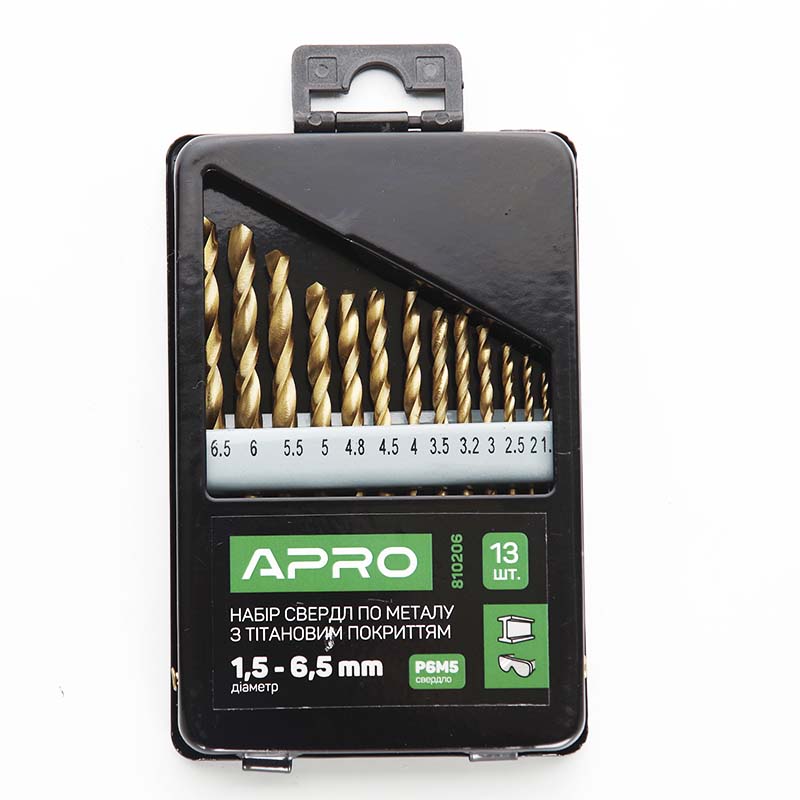 Набор свердел по металу Р6М5 титан метал бокс 1,5-6,5мм 13шт Apro  (APRO)