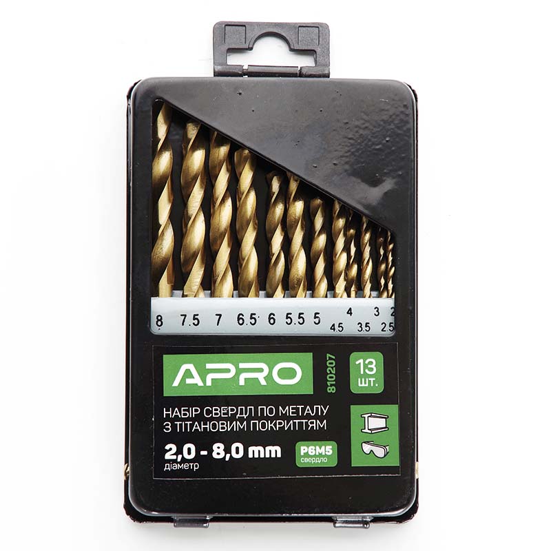 Набор свердел по металу Р6М5 титан метал бокс 2,0-8,0мм 13шт Apro  (APRO)