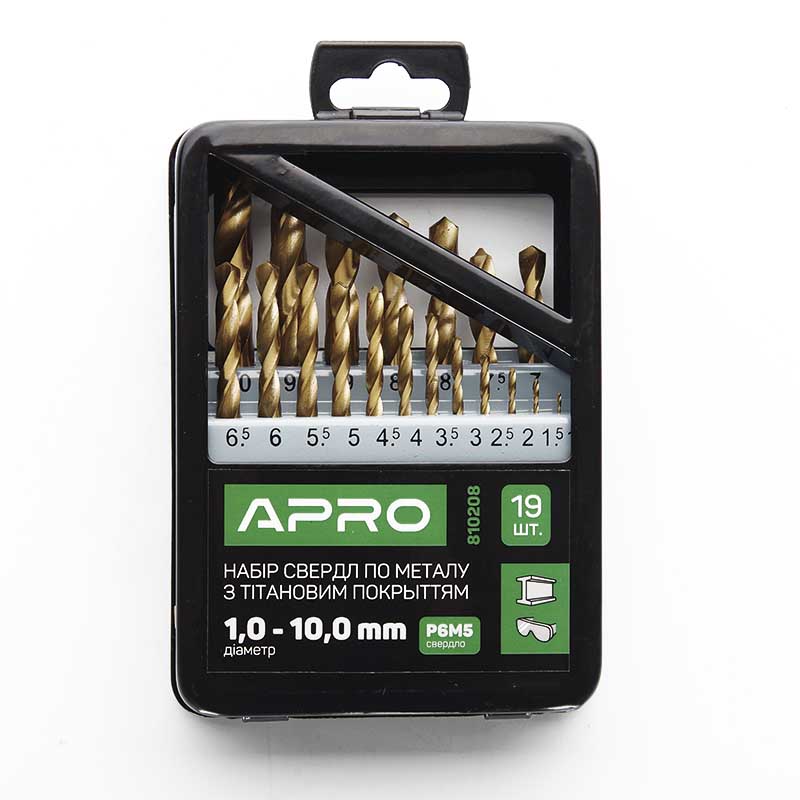 Набор свердел по металу Р6М5 титан метал бокс 1,0-10,0мм 19шт Apro  (APRO)
