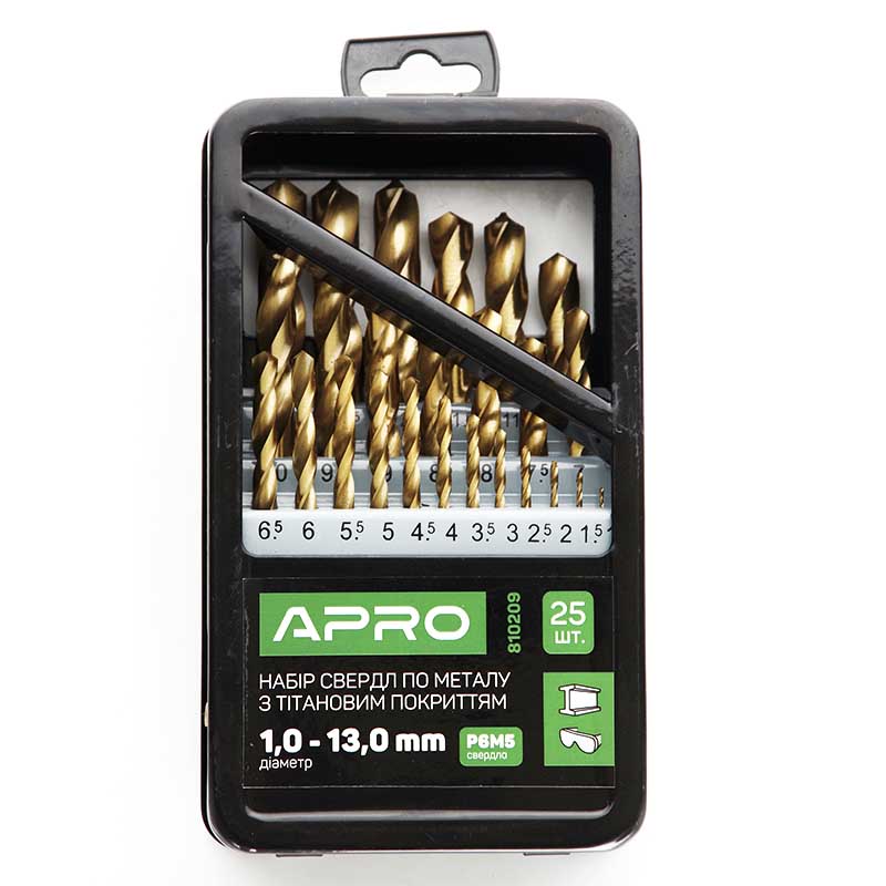 Набор свердел по металу Р6М5 титан метал бокс 1,0-13,0мм 25шт Apro  (APRO)