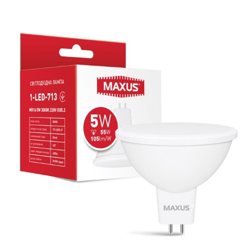 Лампа світлодіодна MAXUS 1-LED-713 MR16 5 Вт 3000K 220V GU5.3