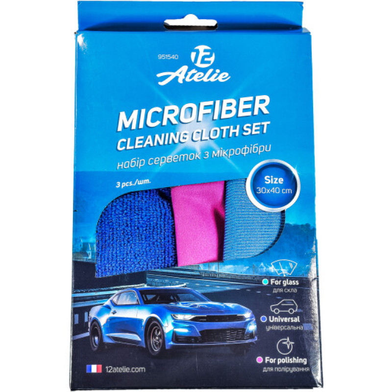 Набір серветок з мікрофібри 3в1 универс / полиров / скло 30х40 см (синя, рожева, блакитна)