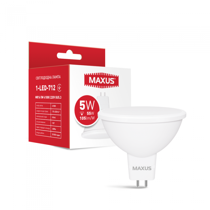 Лампа світлодіодна MAXUS 1-LED-712 MR16 5 Вт 4100K 220V GU5.3
