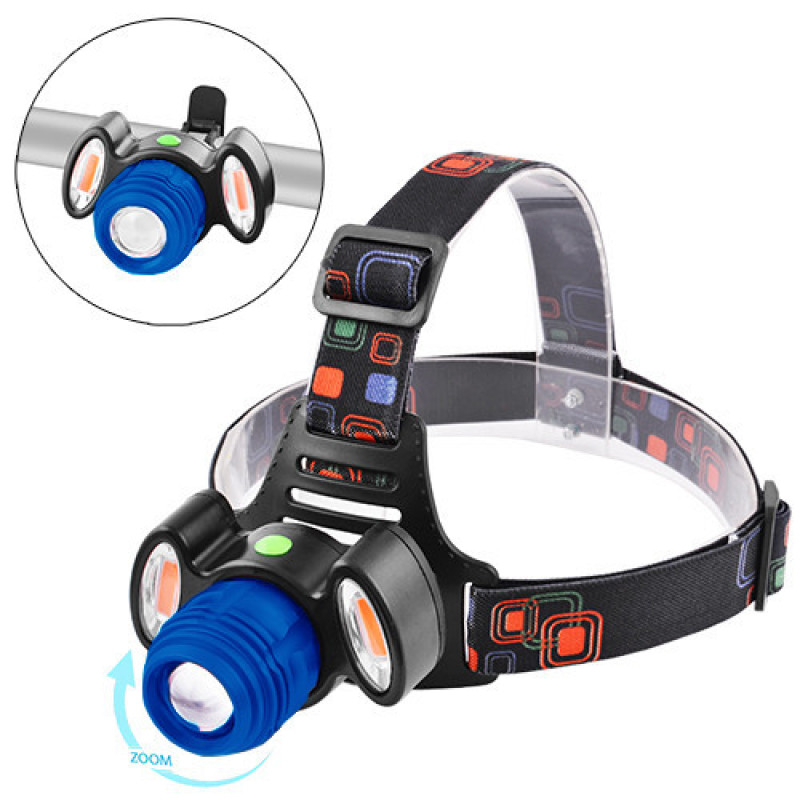 Ліхтар на чоло + велофари Luxury 12V 3117-T6 + 2COB (red), zoom, вбудований 1х18650, ЗУ micro USB