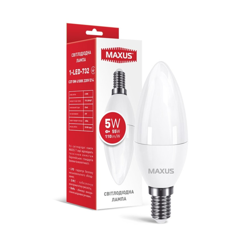 Лампа світлодіодна MAXUS 1-LED-732 C37 5Вт 4100K 220V E14
