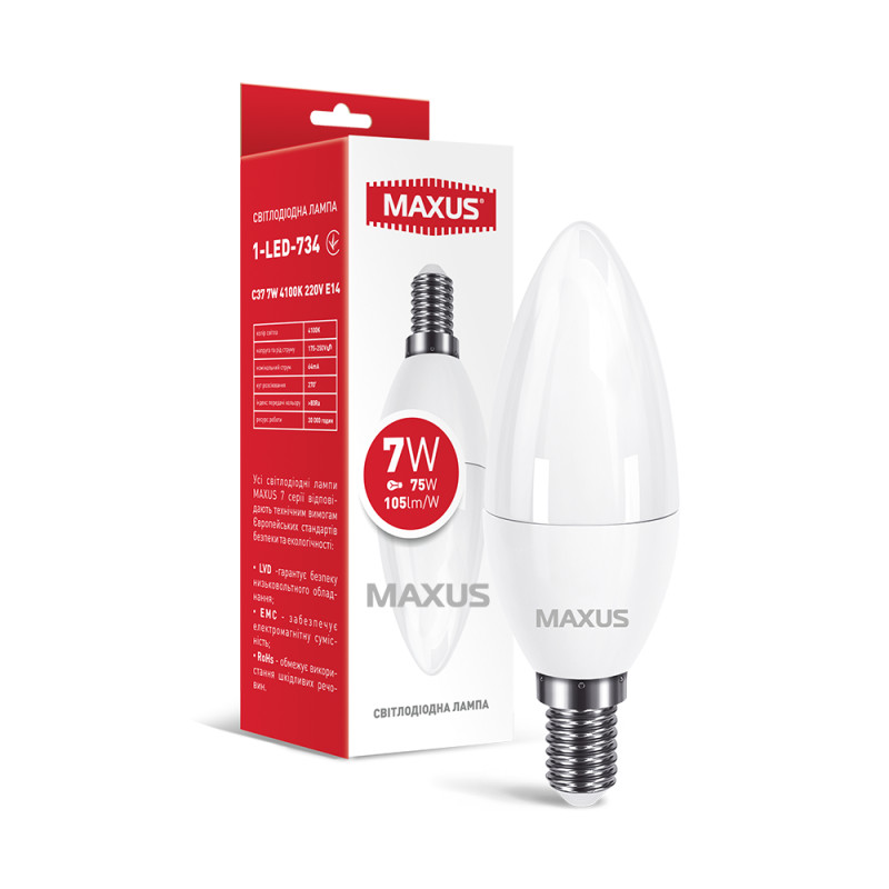 Лампа світлодіодна MAXUS 1-LED-734 C37 7Вт 4100K 220V E14
