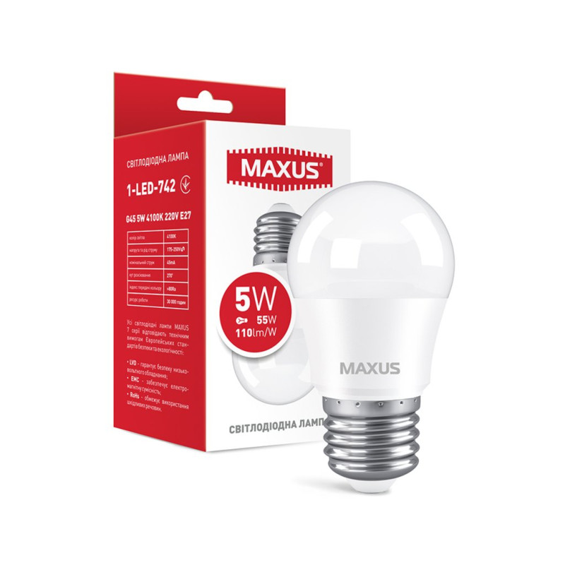 Лампа світлодіодна MAXUS 1-LED-742 G45 5Вт 4100K 220V E27