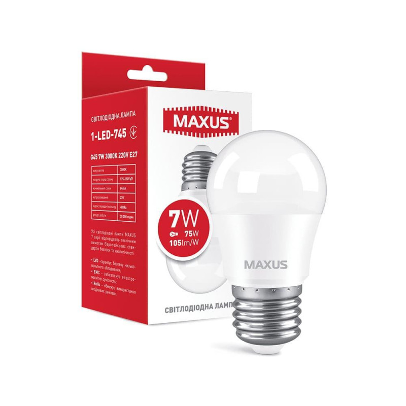 Лампа світлодіодна MAXUS 1-LED-745 G45 7Вт 3000K 220V E27