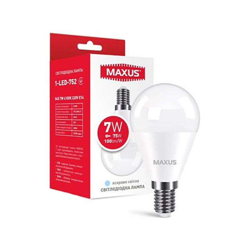 Лампа світлодіодна MAXUS 1-LED-752 G45 7Вт 4100K 220V E14
