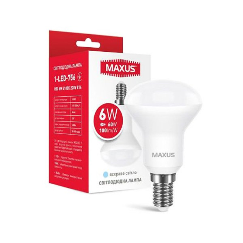 Лампа світлодіодна MAXUS 1-LED-756 R50 6Вт 4100K 220V E14