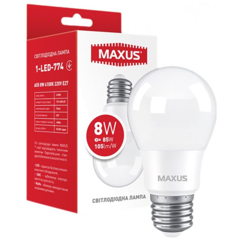 Лампа світлодіодна MAXUS 1-LED-774 A55 8Вт 4100K 220V E27