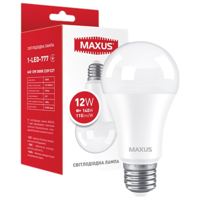 Лампа світлодіодна MAXUS 1-LED-777 A60 12W 3000K 220V E27