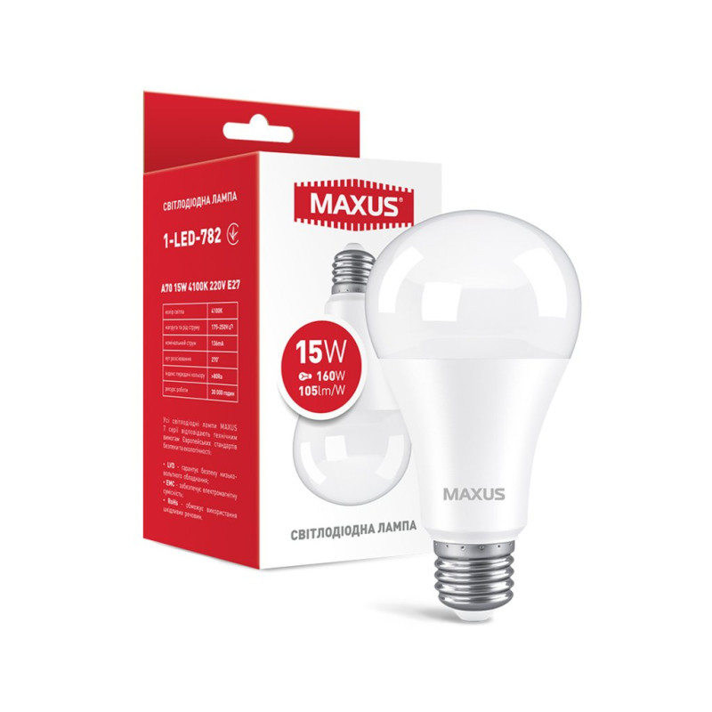 Лампа світлодіодна MAXUS 1-LED-782 A70 15Вт 4100K 220V E27