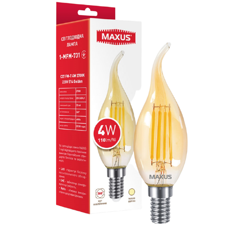 Лампа світлодіодна MAXUS 1-MFM-731 C37 FM-T 4Вт 2700K 220V E14 Golden