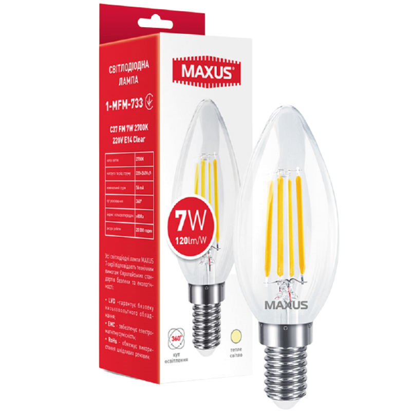 Лампа світлодіодна MAXUS 1-MFM-733 C37 FM 7Вт 2700K 220V E14 Clear