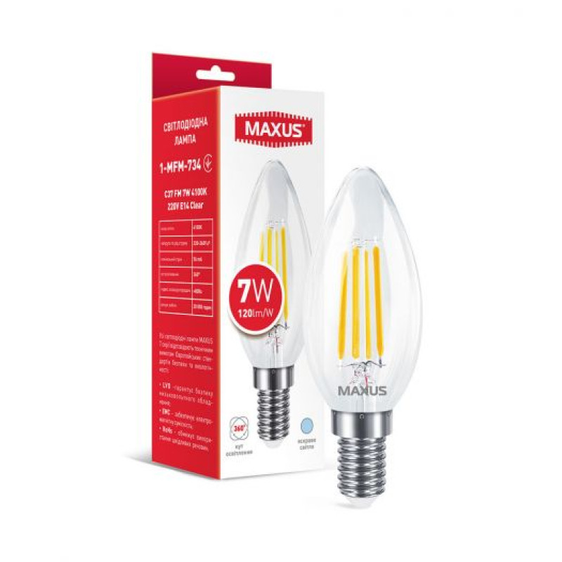 Лампа світлодіодна MAXUS 1-MFM-734 C37 FM 7Вт 4100K 220V E14 Clear