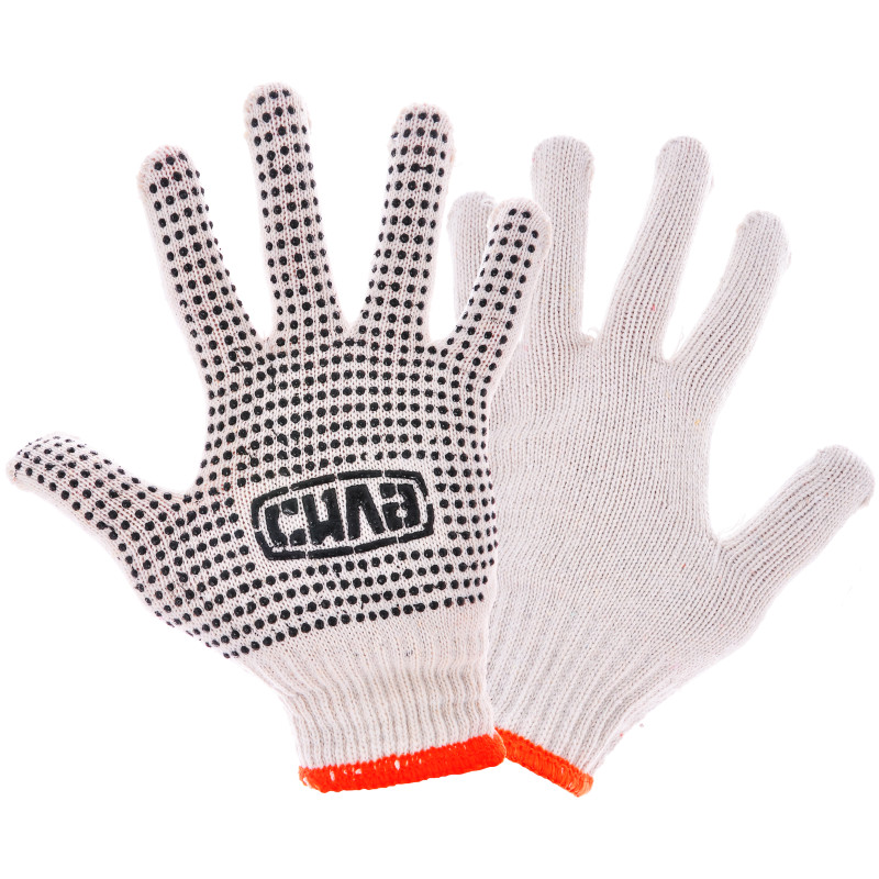 Перчатки Х/Б з ПВХ точкою р10 (білі + чорний ПВХ стандарт) (СИЛА - Інструмент) 