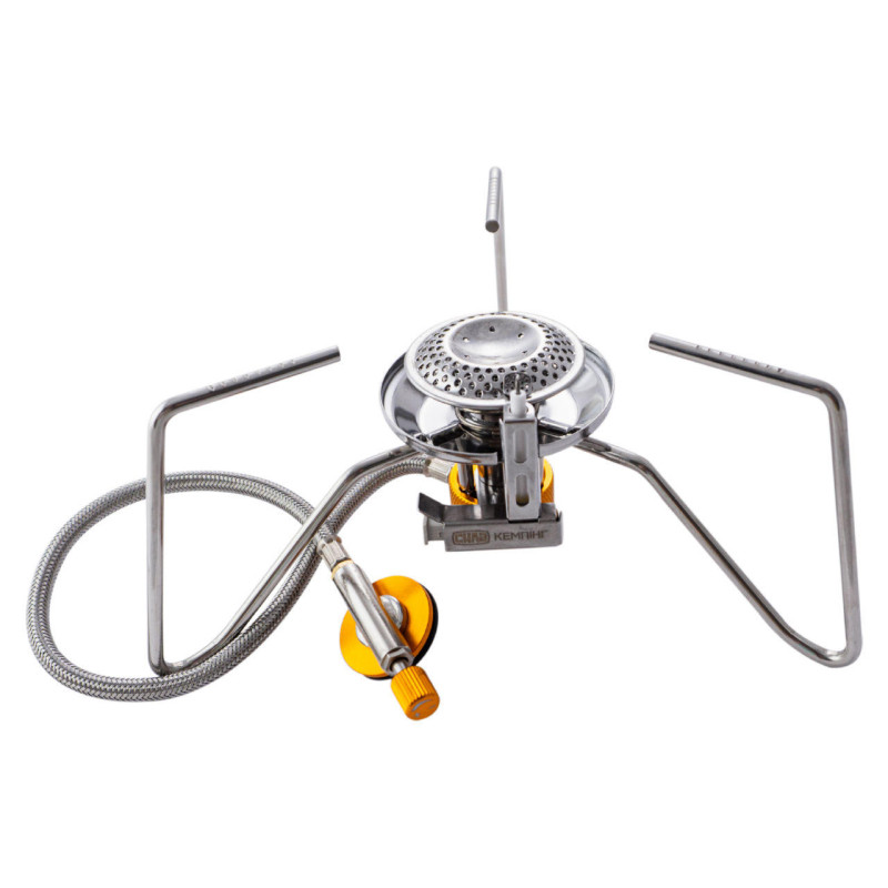 Портативная газовая плита Паук со шлангом и пьезоподжигом 70*70*150мм (СИЛА - Кемпинг)