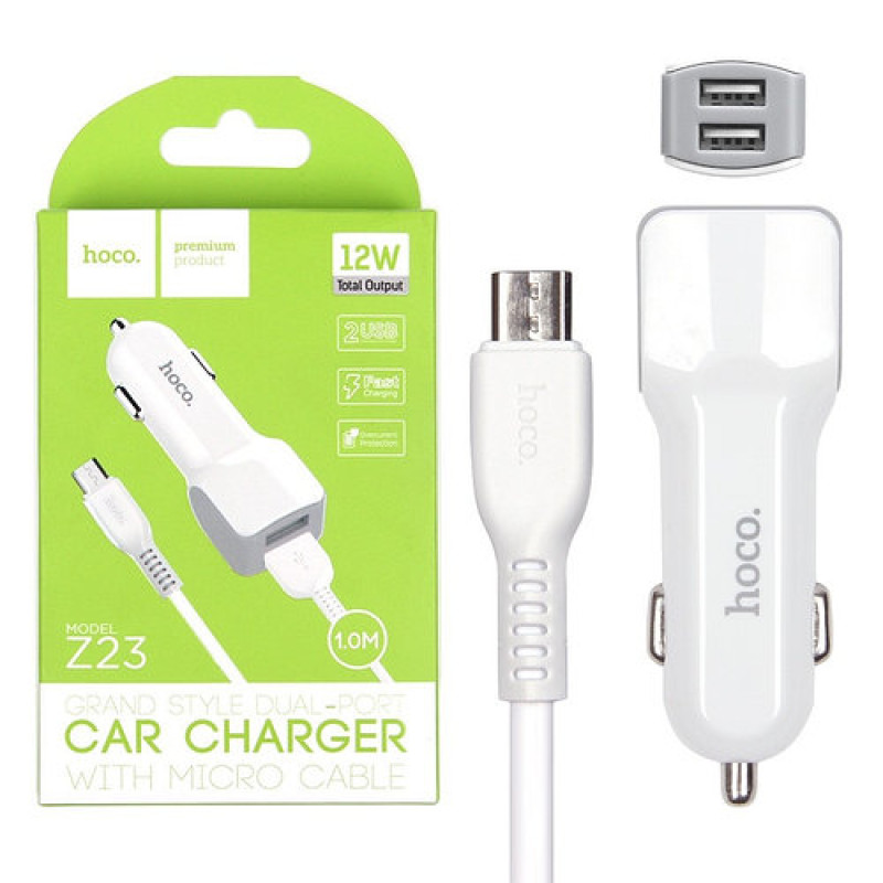 АЗП HOCO Z23 Grand Style 2USB/2,4A MicroUSB Cable Set White