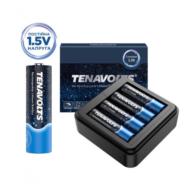 Комплект акумулятор літієвий TENAVOLTS AA  1850mAh  1.5V 4шт./уп з зарядним пристроєм.
